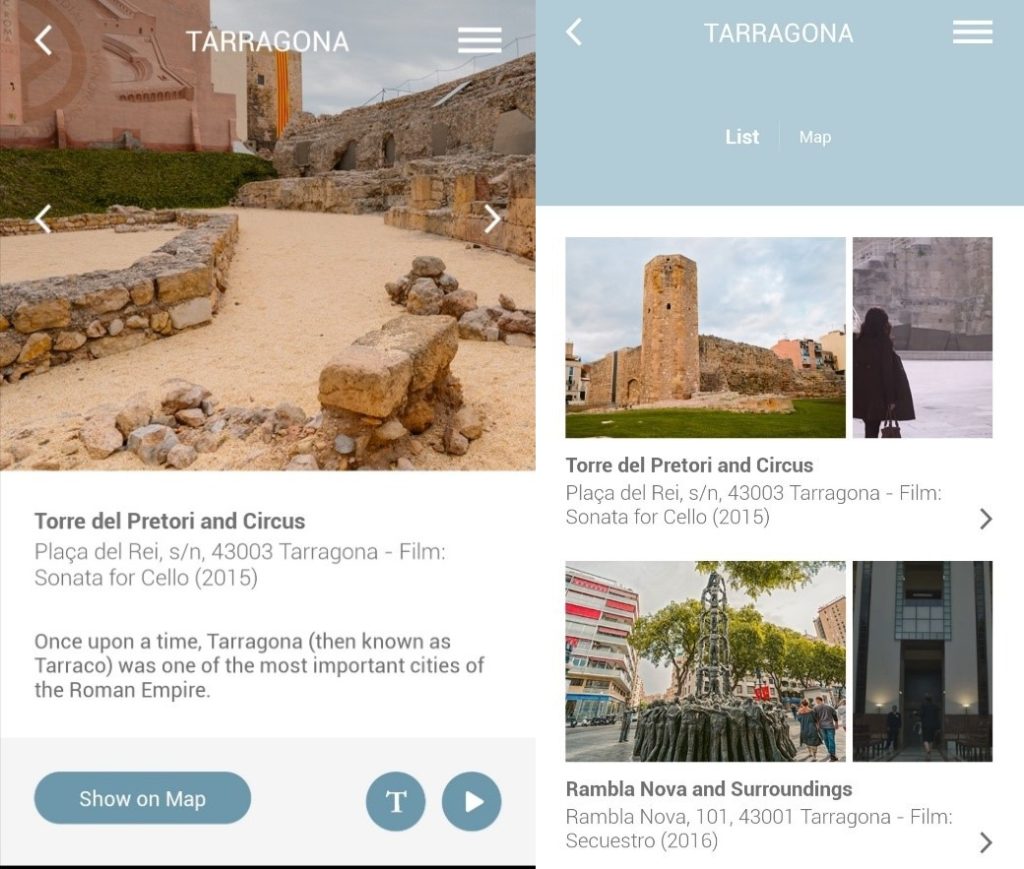 Screenshots of the Tarragona Virtual Itinerary